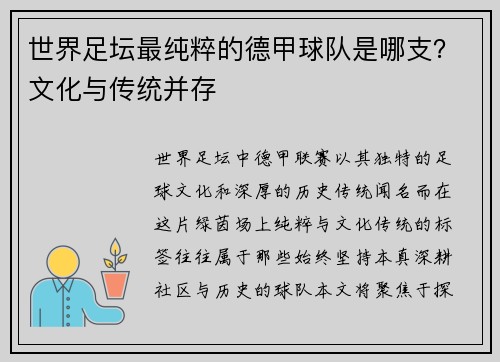 世界足坛最纯粹的德甲球队是哪支？文化与传统并存