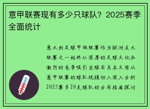 意甲联赛现有多少只球队？2025赛季全面统计